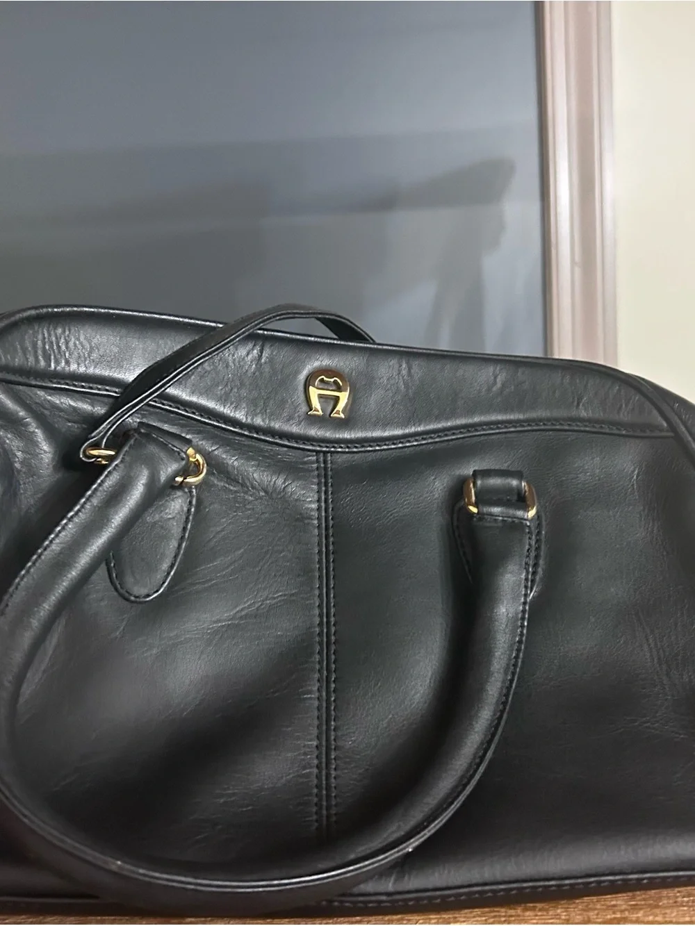 Vintage Etienne Aigner Black Leather Tote Bag with Gold Accents